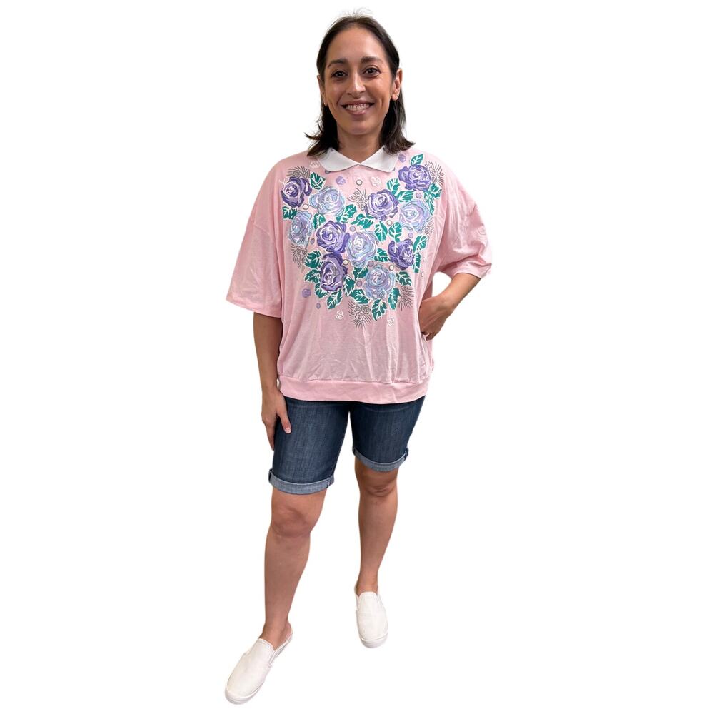 Vintage 90s Blair Pink and Purple Rose Collared Oversized Granny Tee